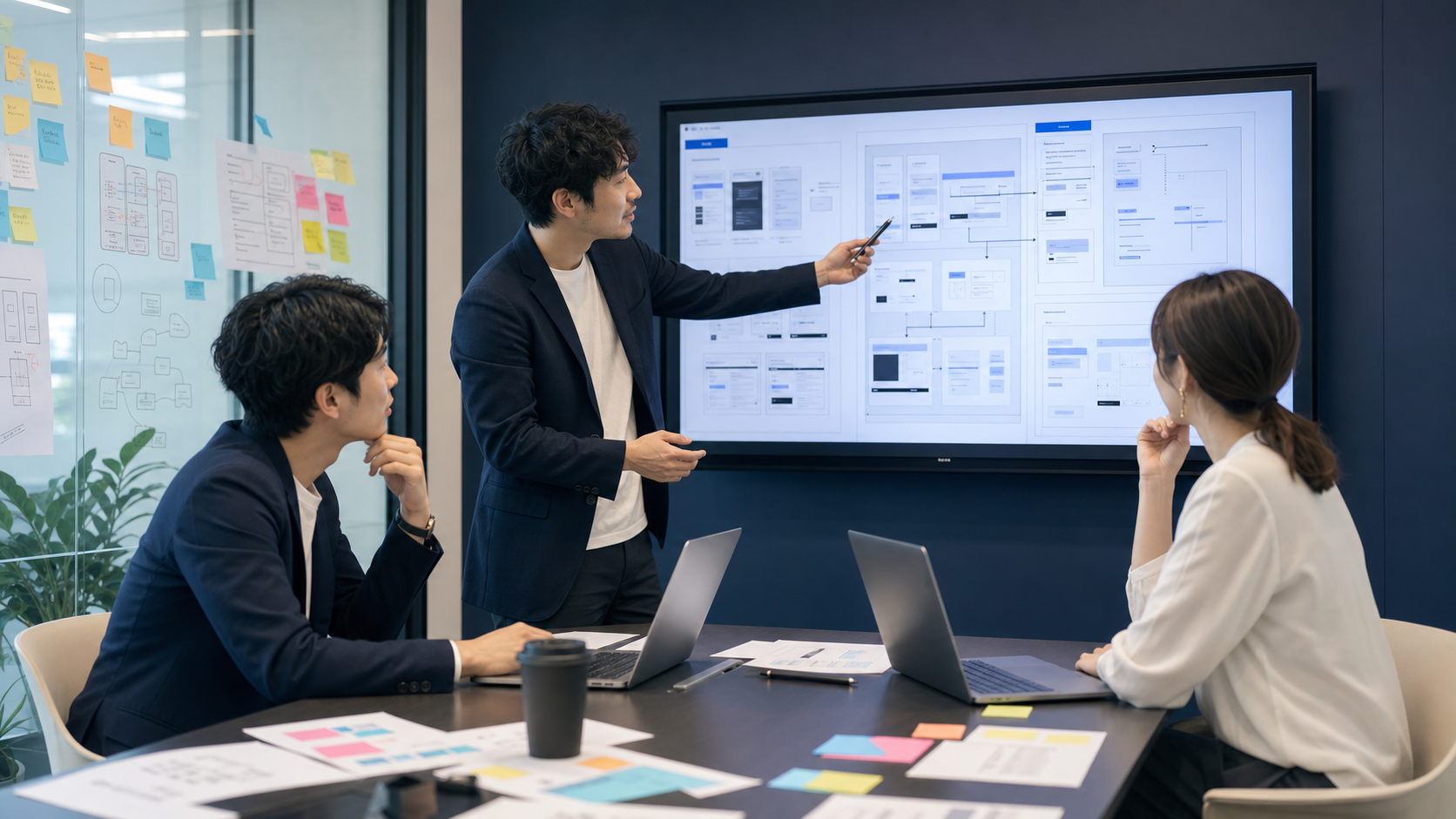 受託開発の要件を画面設計とシステム構成を見ながら確認している様子